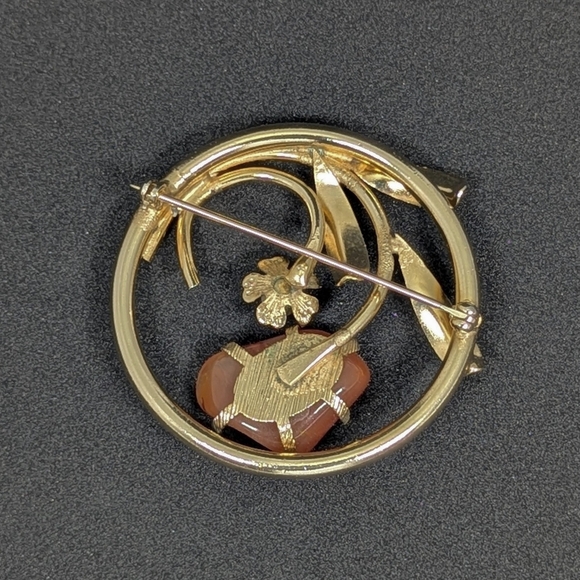 Vintage Artisan Freeform Heart Carnelian & Cultured Pearl Brooch 1 7/8" Gold Ton - Picture 4 of 5